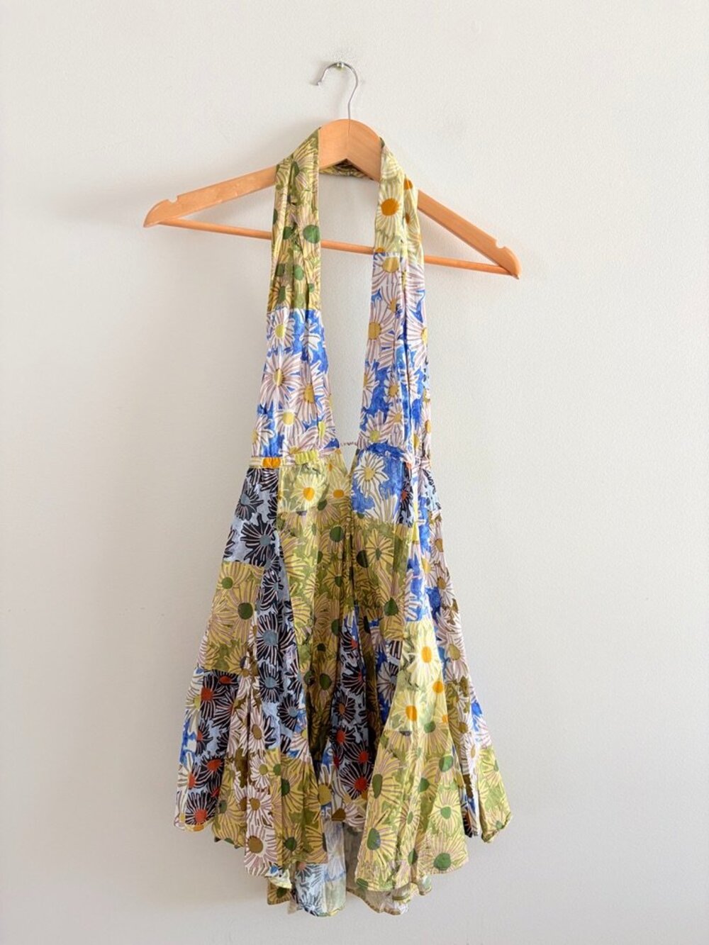 Zara Printed Floral Halter Mini Dress Cotton Blogger Yellow Blue Size Small - Picture 8 of 13